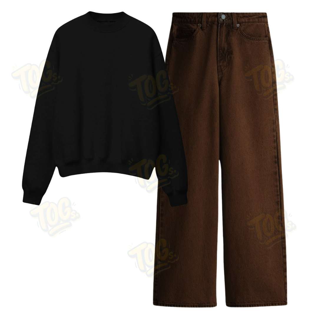 Brown Wide Leg Jeans With Oversized Sweatshirt