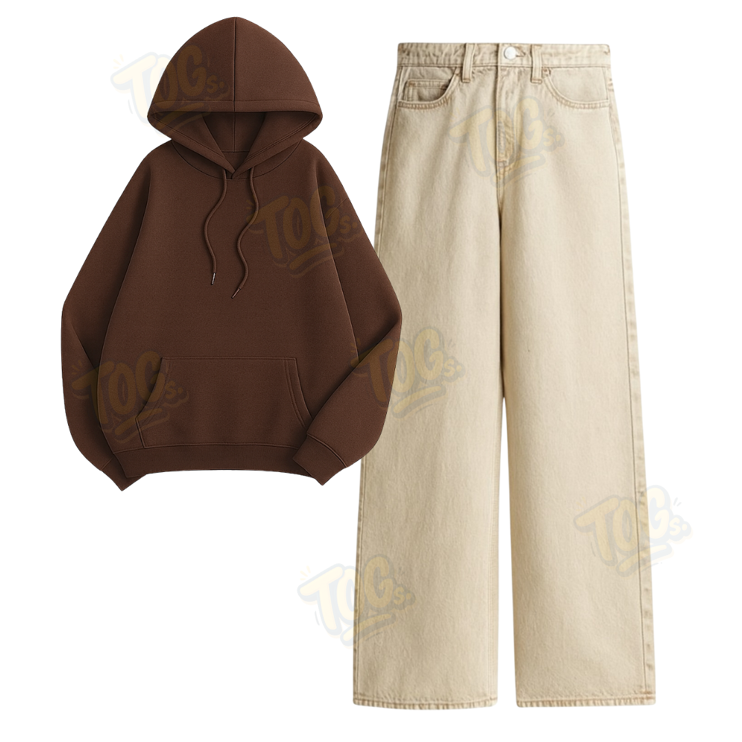 Beige Wide Leg Jeans with Oversized Hoodie