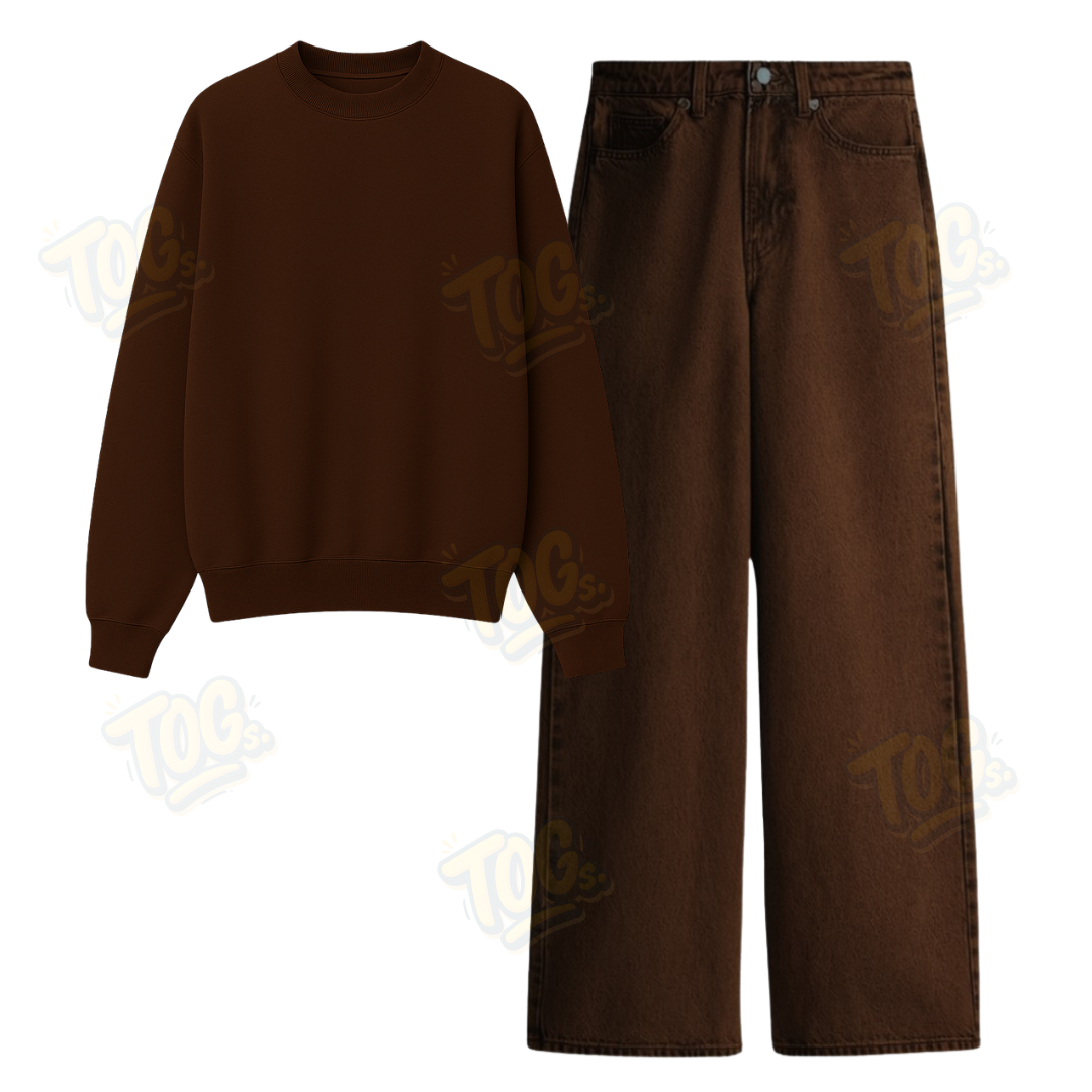 Brown Wide Leg Jeans With Oversized Sweatshirt