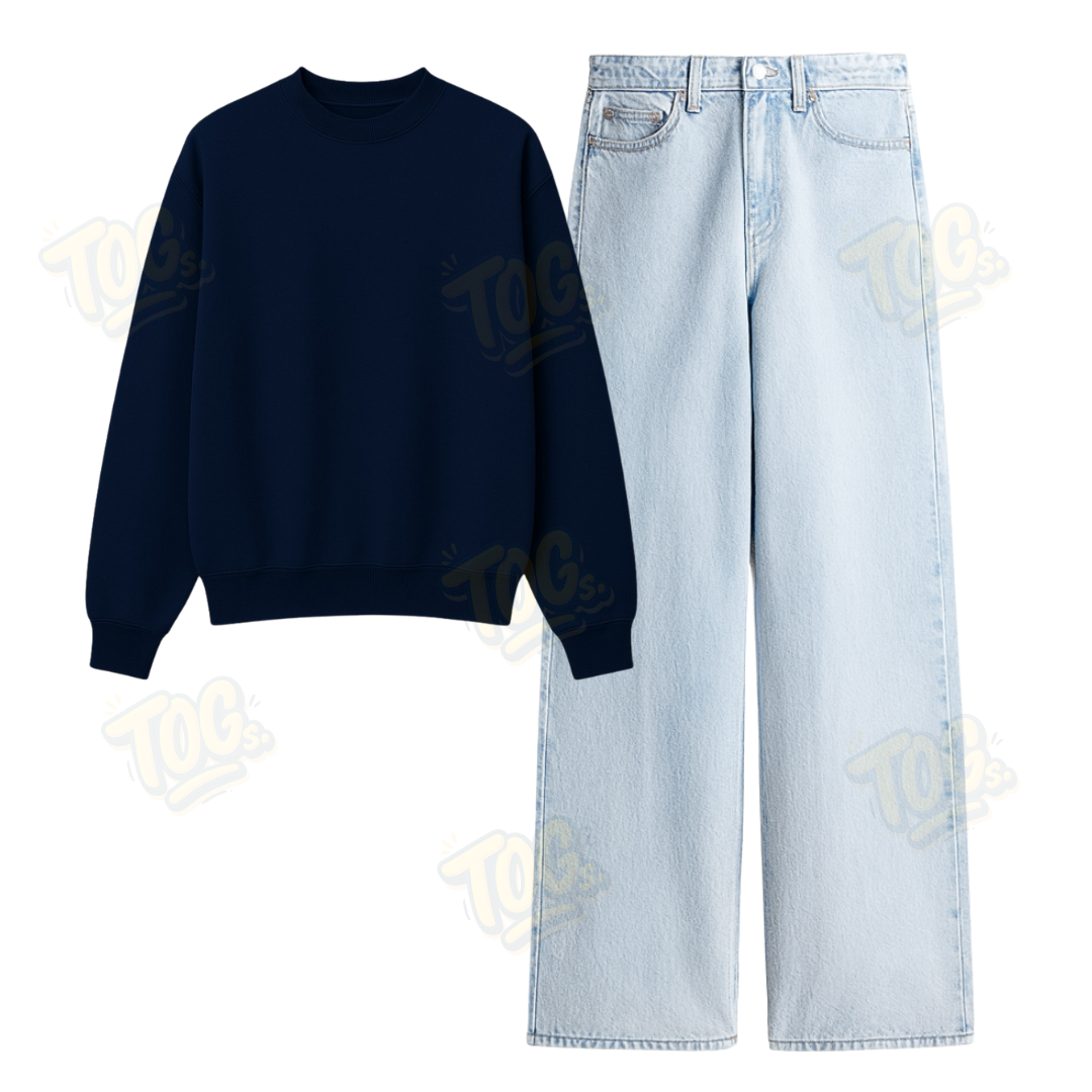 Ice Blue Wide Leg Jeans With Oversized Sweatshirt