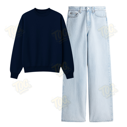 Ice Blue Wide Leg Jeans With Oversized Sweatshirt