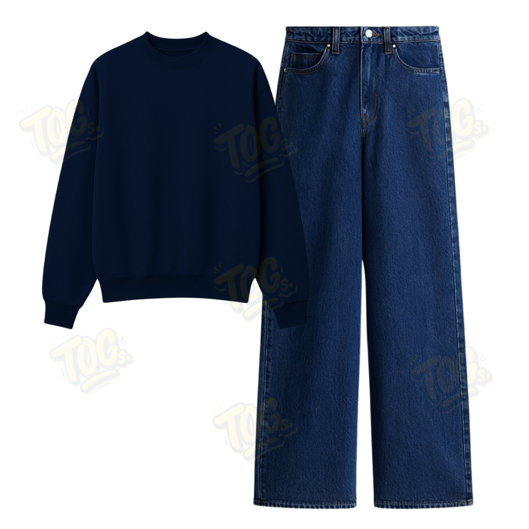 Dark Blue Wide Leg Jeans With Oversized Sweatshirt