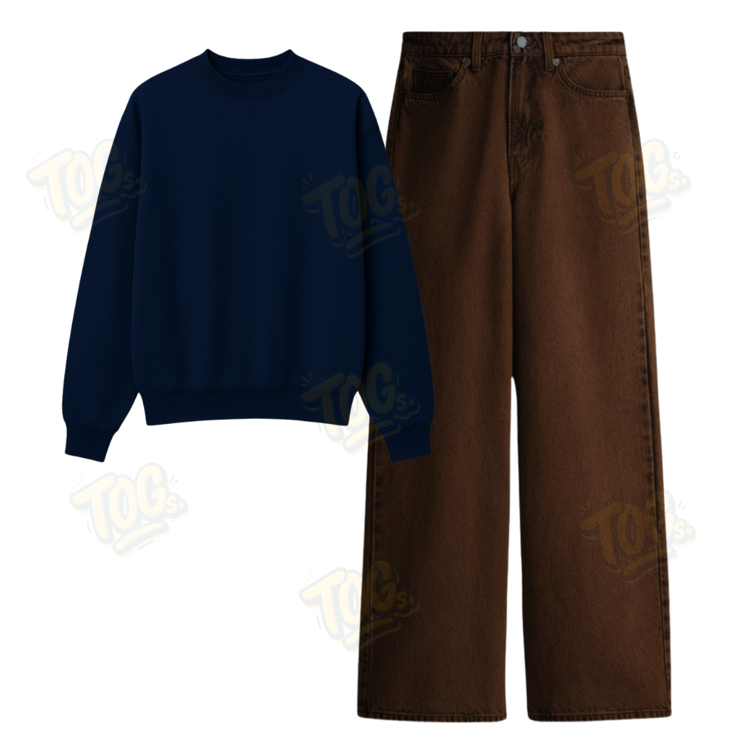 Brown Wide Leg Jeans With Oversized Sweatshirt