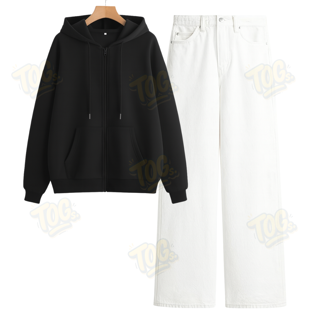 White Wide Leg Jeans With Oversized Zipper