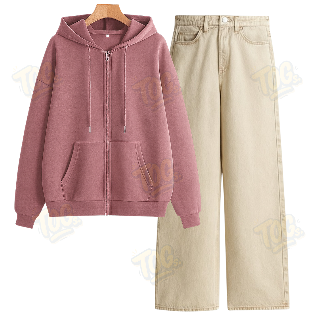 Beige Wide Leg Jeans With Oversized Zipper