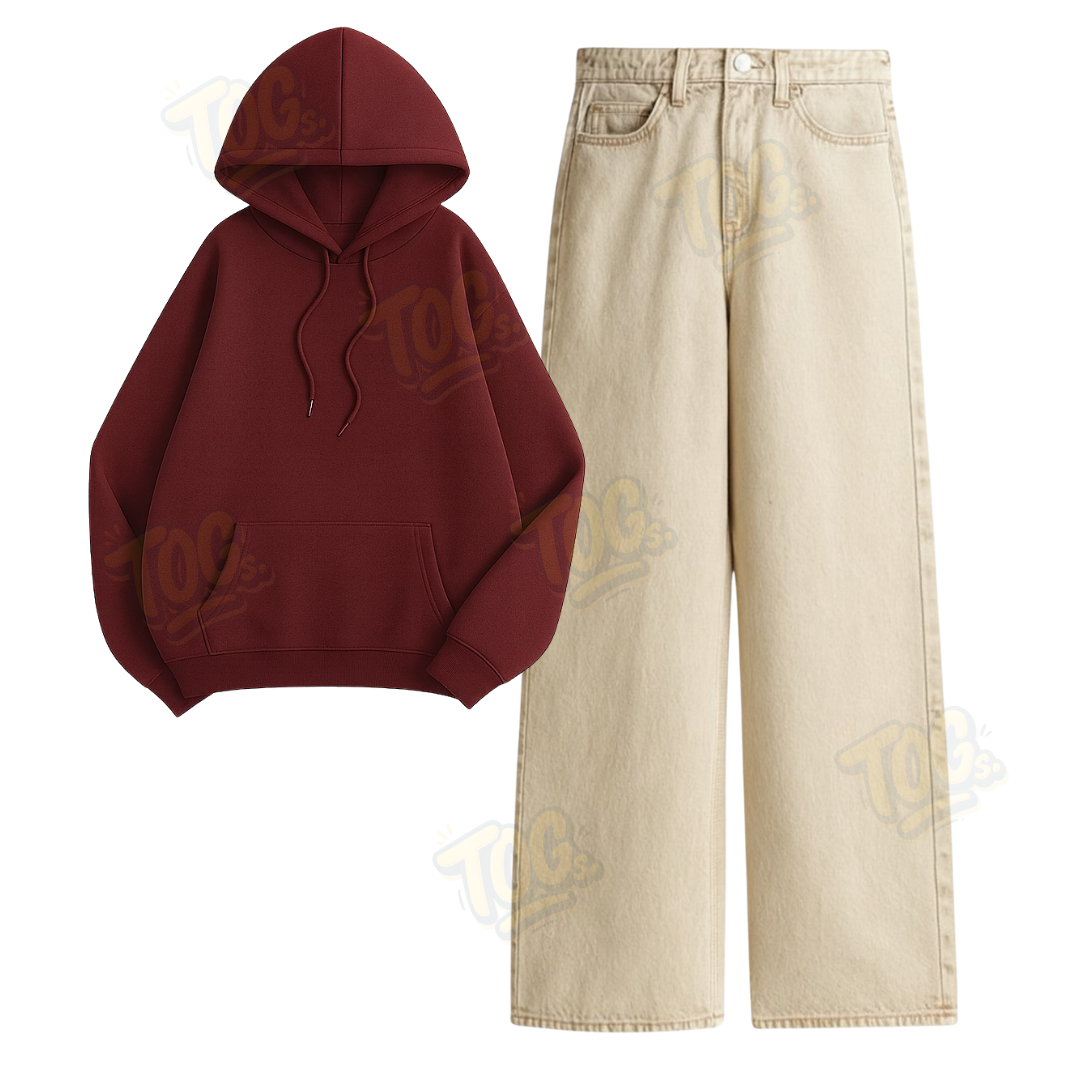 Beige Wide Leg Jeans with Oversized Hoodie