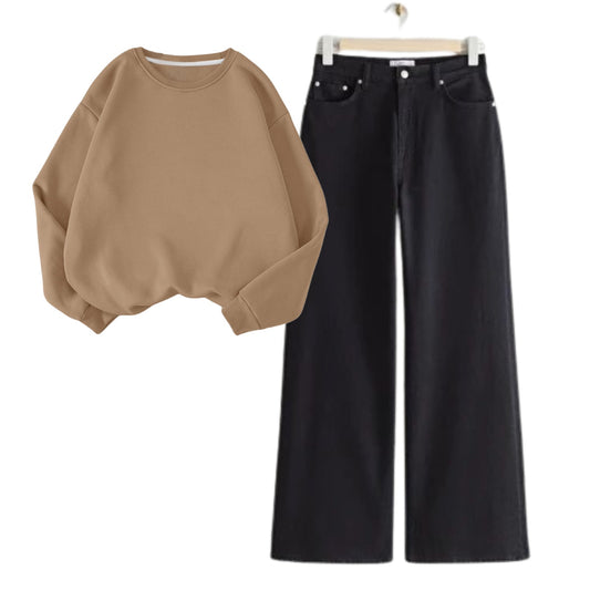 Black Baggy Jeans with Beige Sweatshirt
