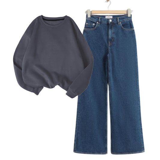 Blue Baggy Jeans with Charcoal Sweatshirt