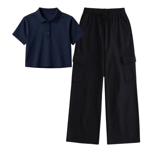 Navy Blue Crop Polo With Black Cargo