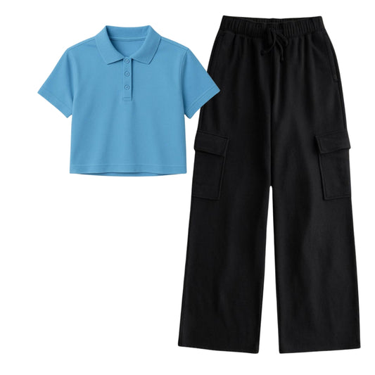 Sky Blue Crop Polo With  Black Cargo