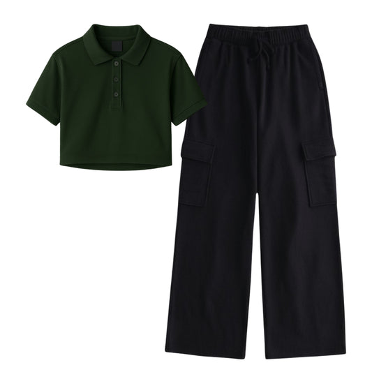 Dark Green Crop Polo With  Black Cargo