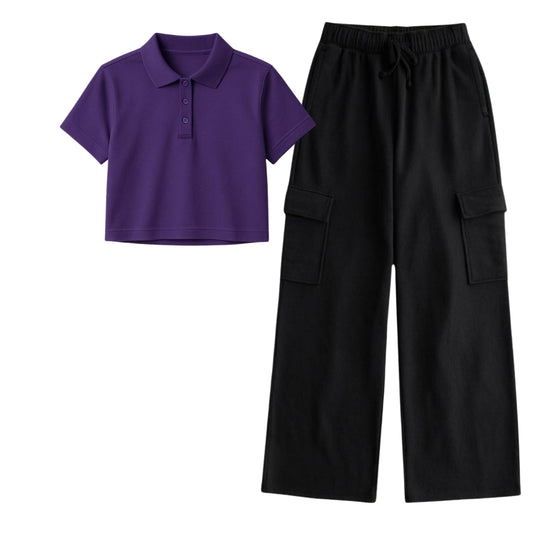 Purple Crop Polo With  Black Cargo