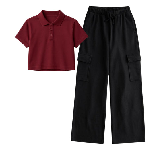Maroon Crop Polo With  Black Cargo