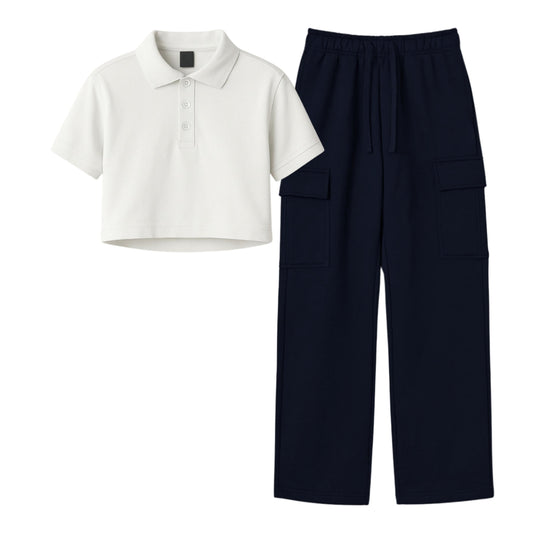 White Crop Polo With Navy Blue Cargo