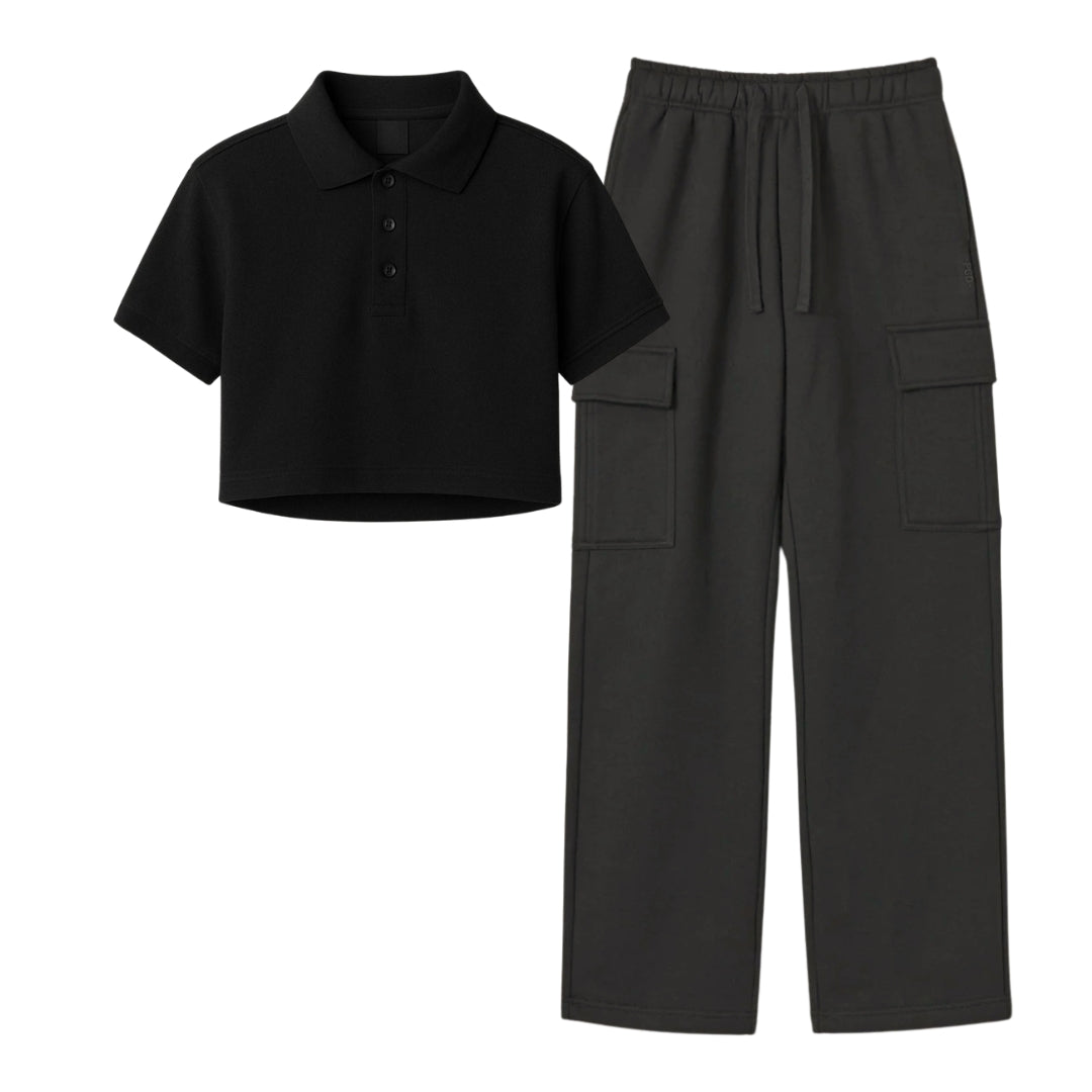Black Crop Polo With Charcoal Grey Cargo