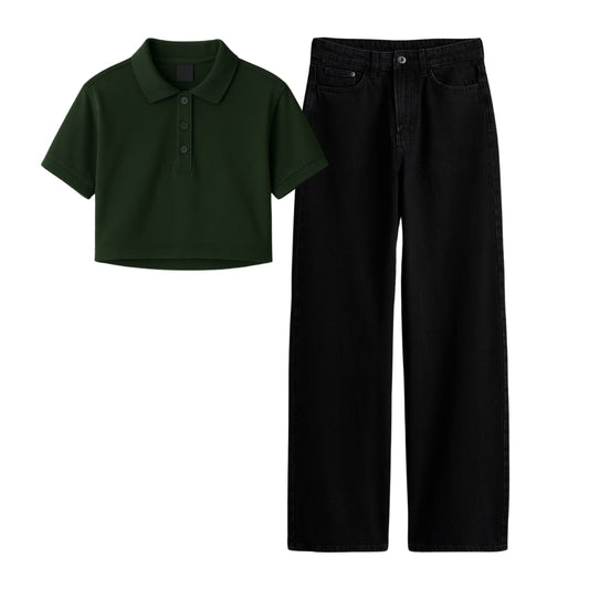Dark Green Crop Polo With Black Jeans