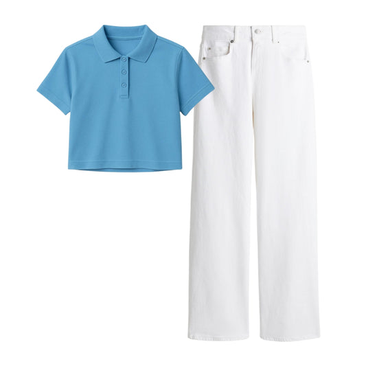 Sky Blue Crop Polo With White Jeans