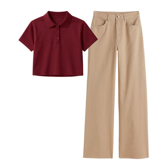 Maroon Crop Polo With Beige Jeans