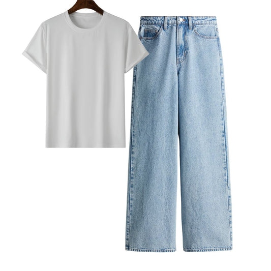 White Regular Tee With Ice Blue Jeans