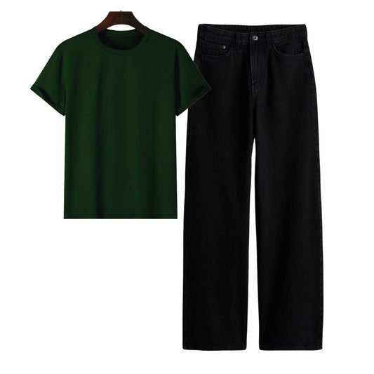 Dark Green Regular Tee With Black Jeans