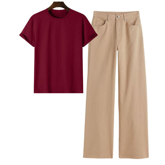 Maroon Regular Tee With Beige Jeans