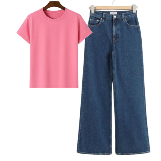 Pink Regular Tee With Dark Blue Jeans