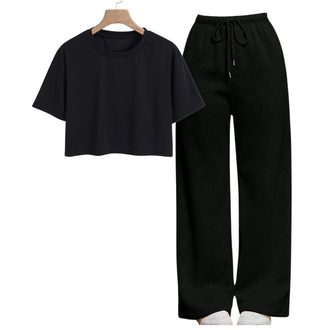 Black Crop  Tee With Black Straight Leg Trouser