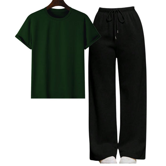 Dark Green Regular Tee With Black Straight Leg Trouser