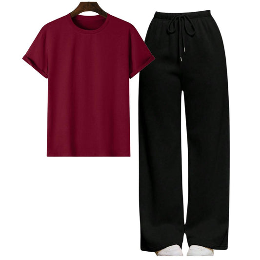 Maroon Regular Tee With Black Straight Leg Trouser