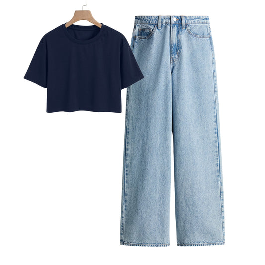 Navy Blue Crop Tee With Ice Blue Jeans