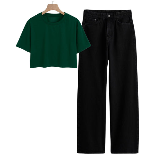 Dark Green Crop Tee With Black Jeans
