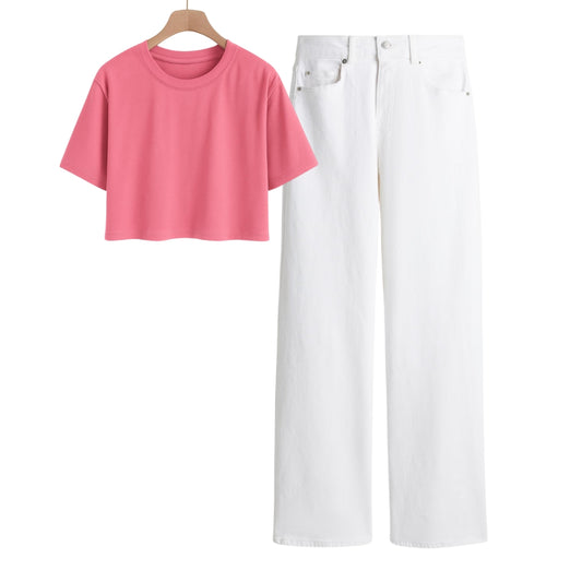 Pink Crop Tee With White Jeans