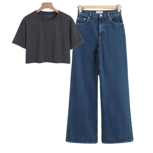 Charcoal Grey Crop Tee With Dark Blue Jeans