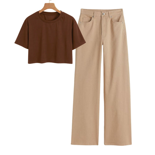 Brown Crop Tee With Beige Jeans