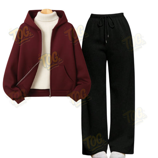 Straight Leg Trouser With Maroon Zipper & White Highneck