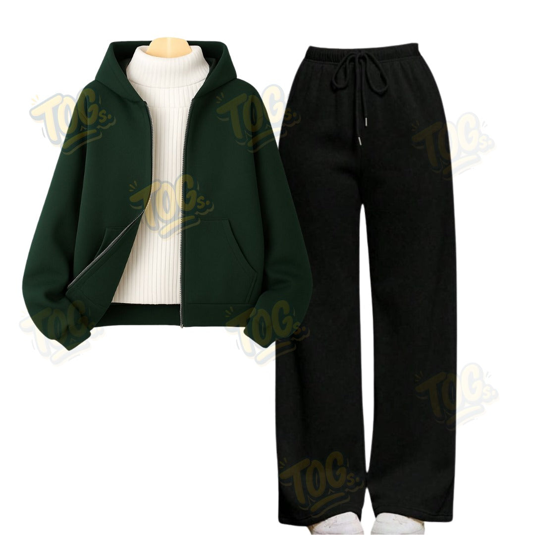 Straight Leg Trouser With Darkgreen Zipper & White Highneck
