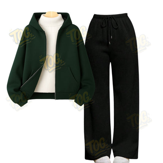 Straight Leg Trouser With Darkgreen Zipper & White Highneck