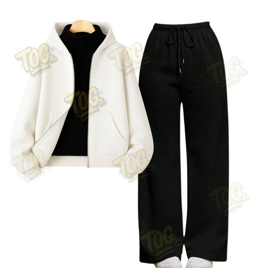 Straight Leg Trouser With White Zipper & Black Highneck