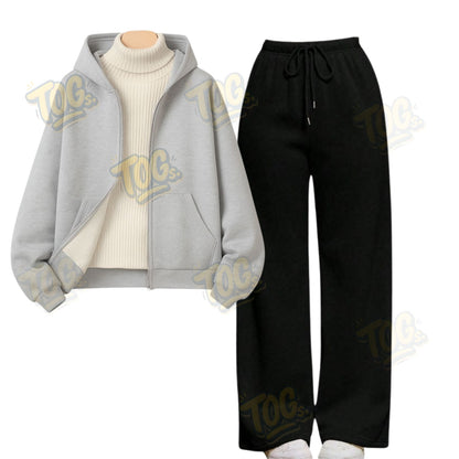 Straight Leg Trouser With Light grey Zipper & White Highneck