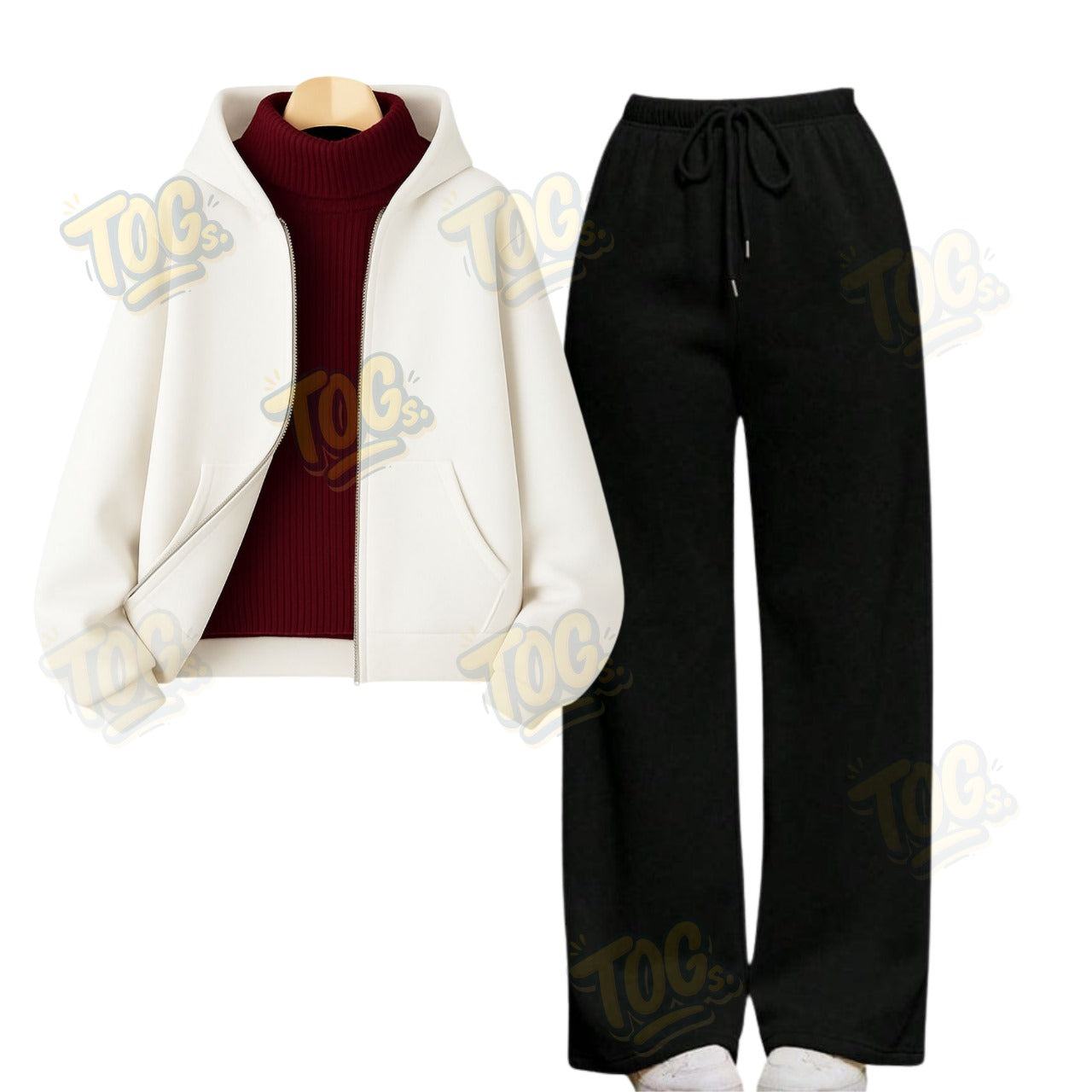 Straight Leg Trouser With White Zipper & Maroon Highneck