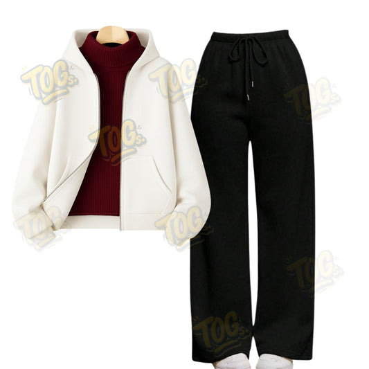 Straight Leg Trouser With White Zipper & Maroon Highneck