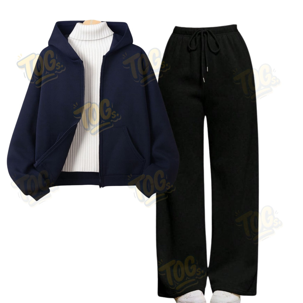 Straight Leg Trouser With Navy Blue Zipper & White Highneck