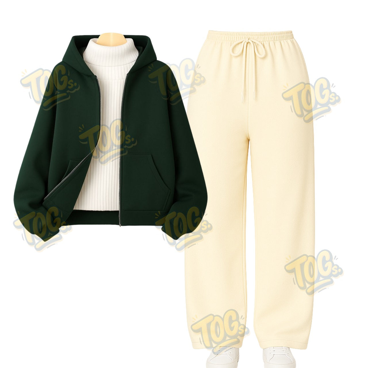 Straight Leg Trouser With Darkgreen Zipper & White Highneck