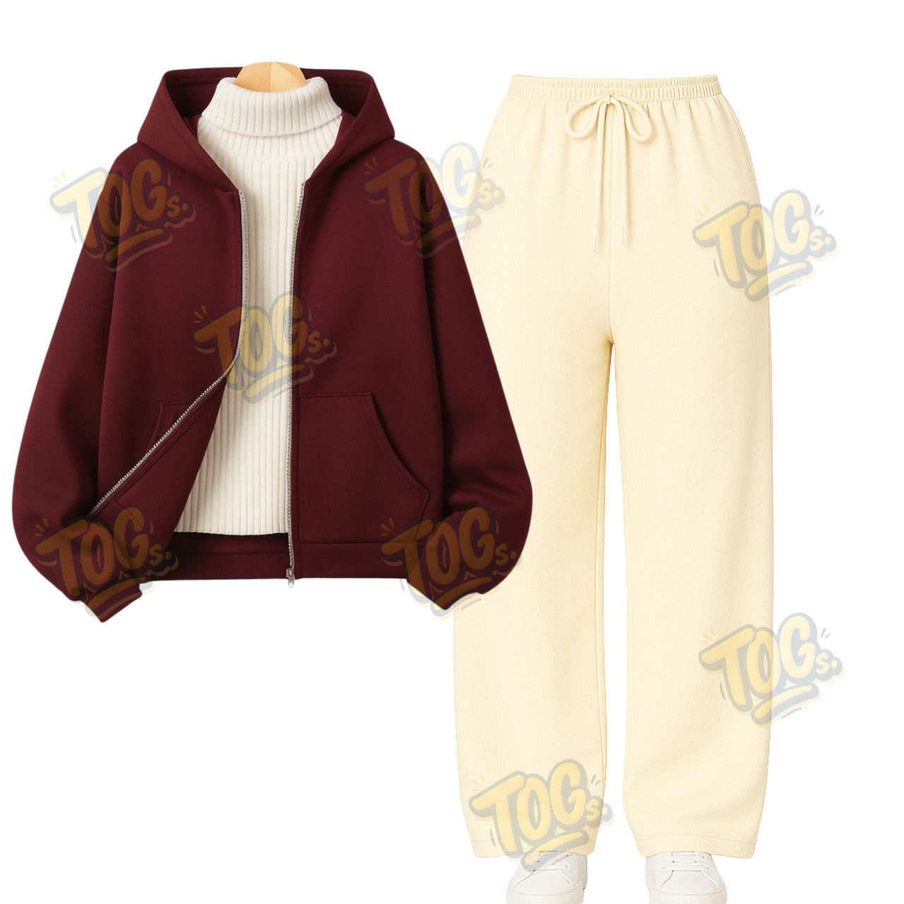 Straight Leg Trouser With Maroon Zipper & White Highneck