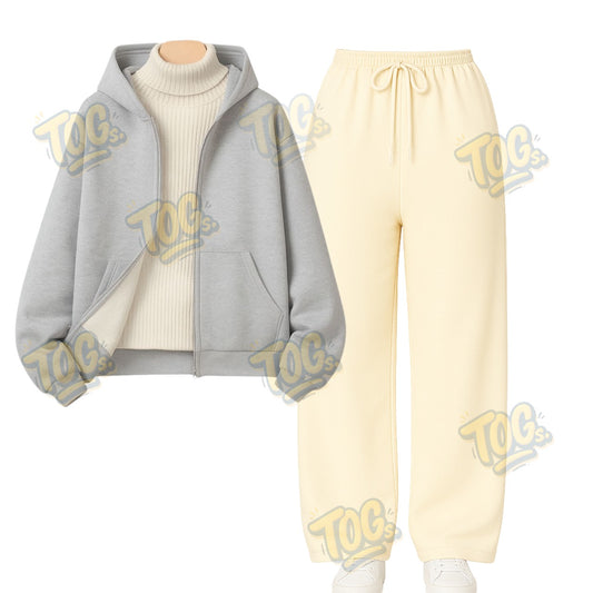 Straight Leg Trouser With Light grey Zipper & White Highneck