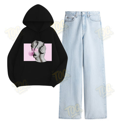 Baggy Jeans With Statue Of Chilling Hoodie