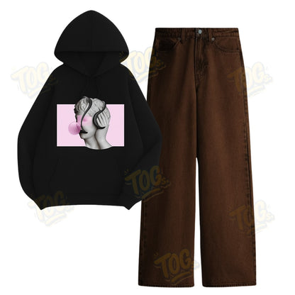 Baggy Jeans With Statue Of Chilling Hoodie