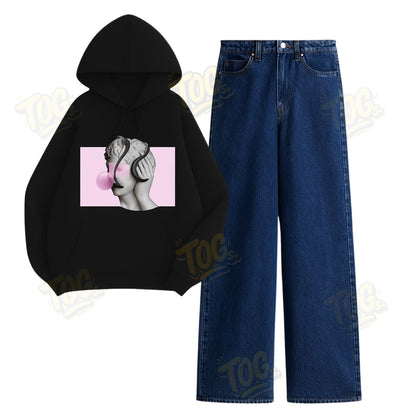 Baggy Jeans With Statue Of Chilling Hoodie